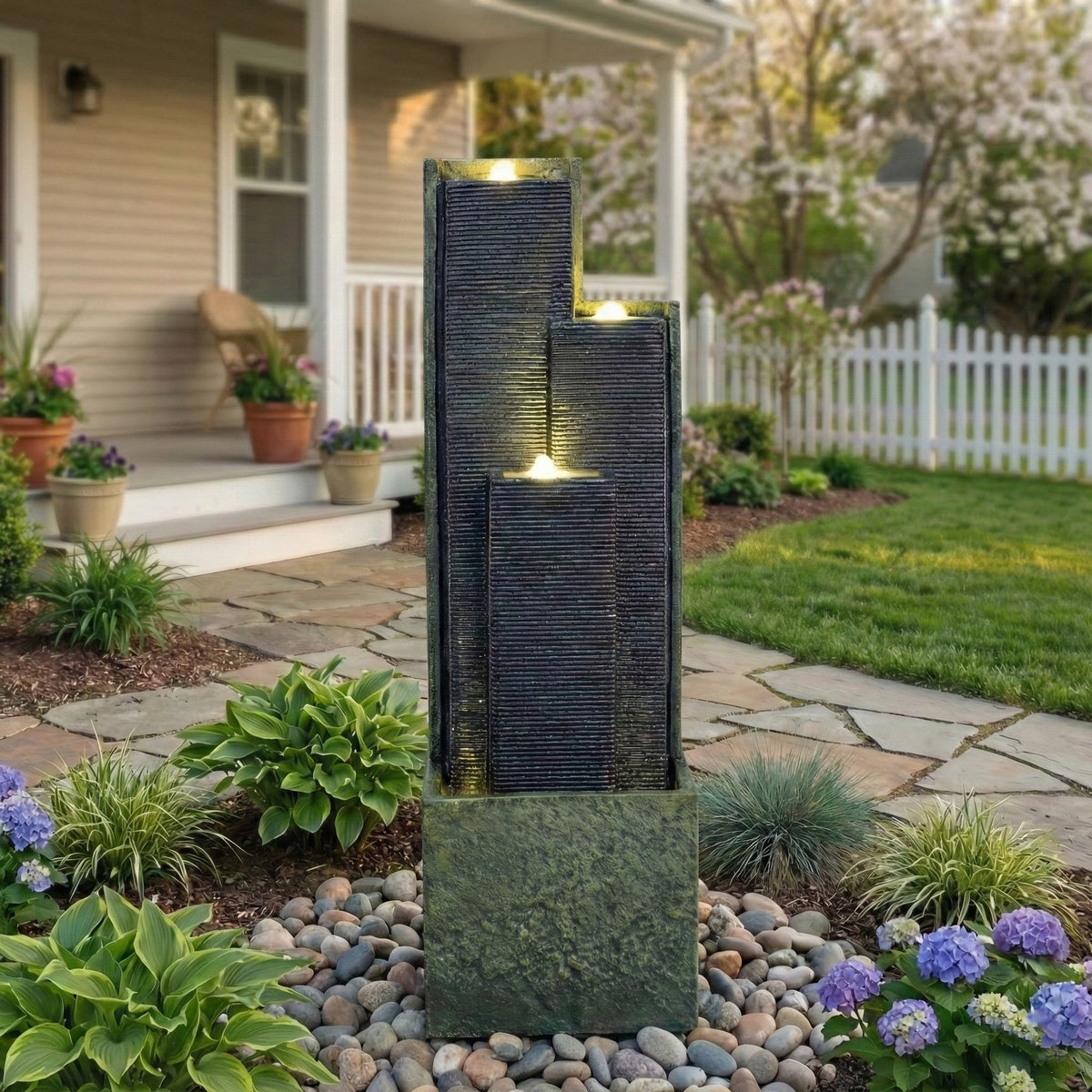Resin Slate Water Wall Fountain 3 Column Top Lit