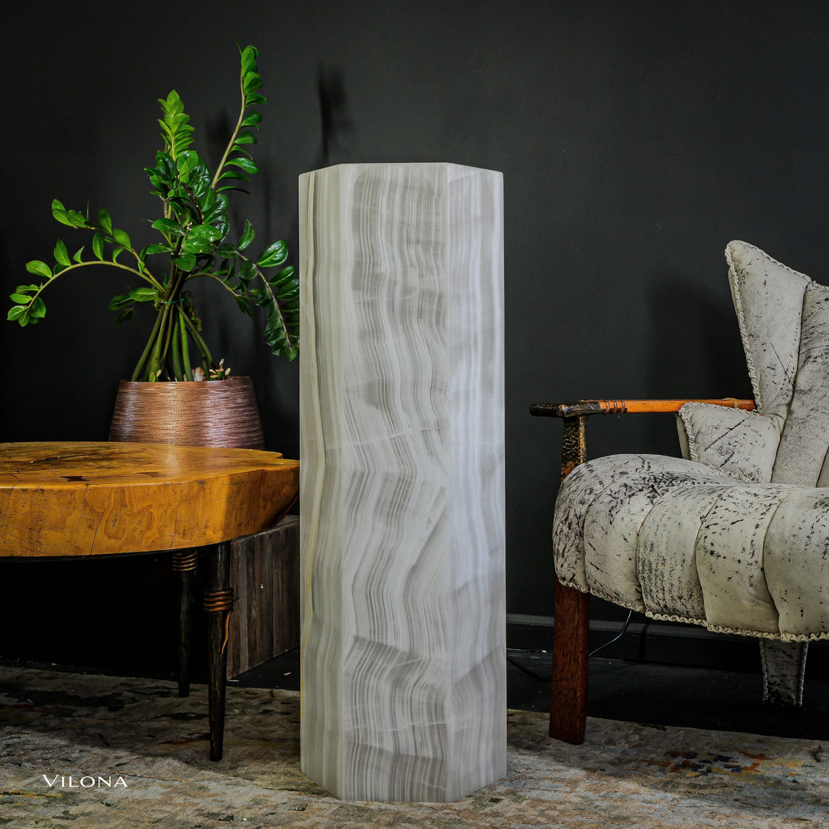 Small White Ice Onyx Hexagonal Floor Lamp – 39.5" Tall