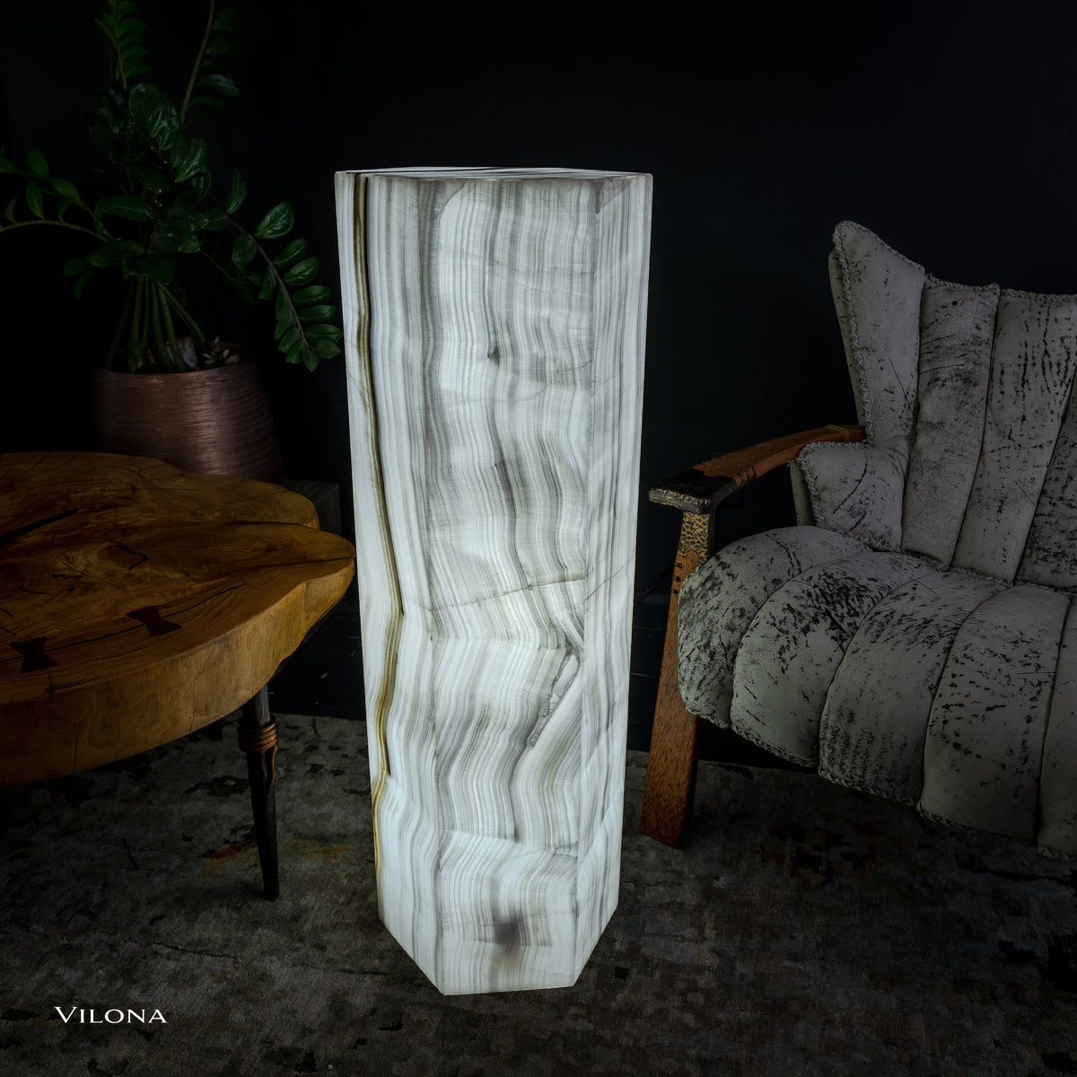 Small White Ice Onyx Hexagonal Floor Lamp – 39.5" Tall