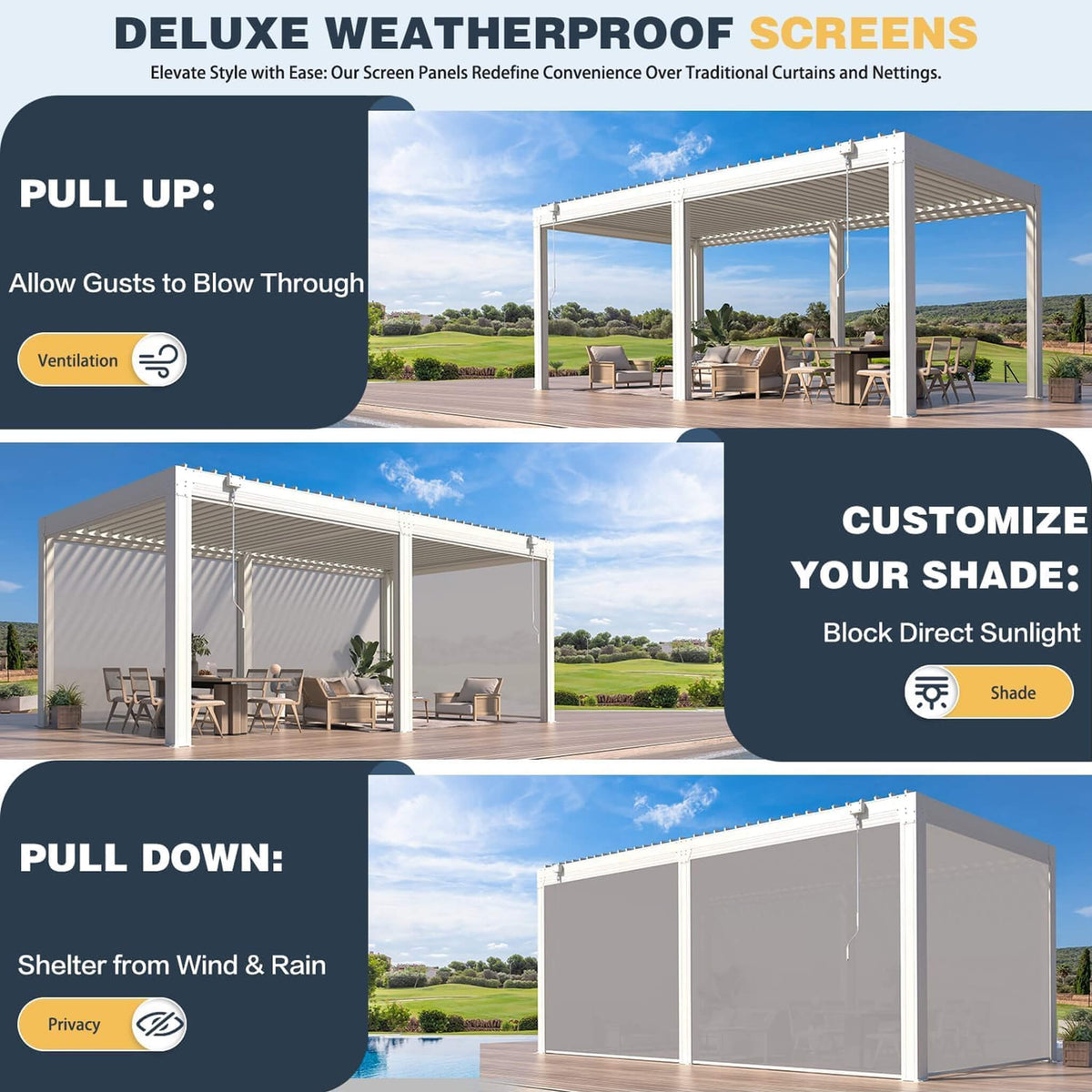 Louvered Aluminum Pergola With Adjustable Roof And Pull-Down Screens (SAK46817)