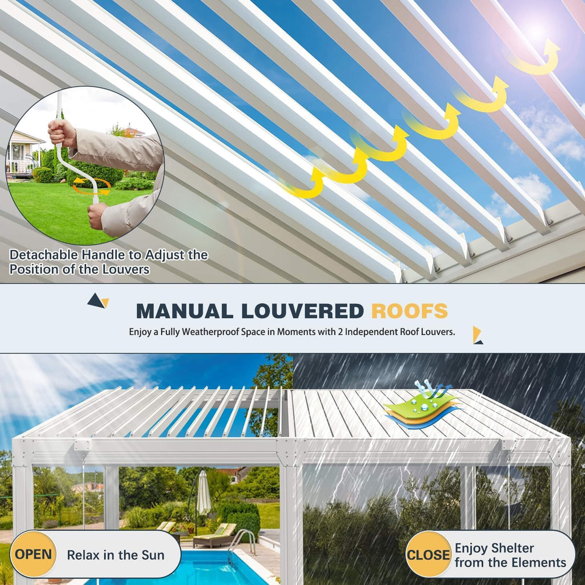 Louvered Aluminum Pergola With Adjustable Roof And Pull-Down Screens (SAK46817)